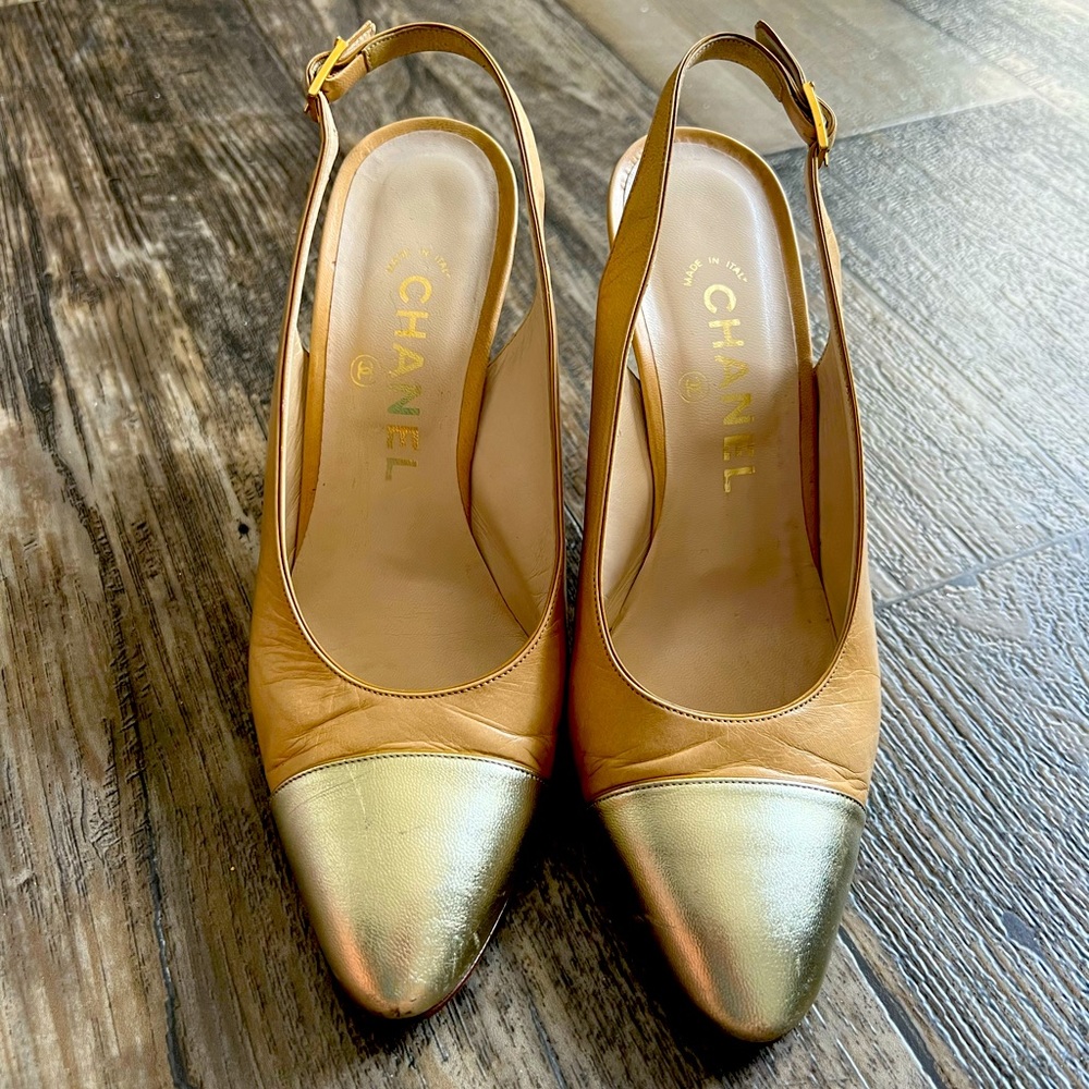 Vintage Chanel Gold Cap Toe Heels